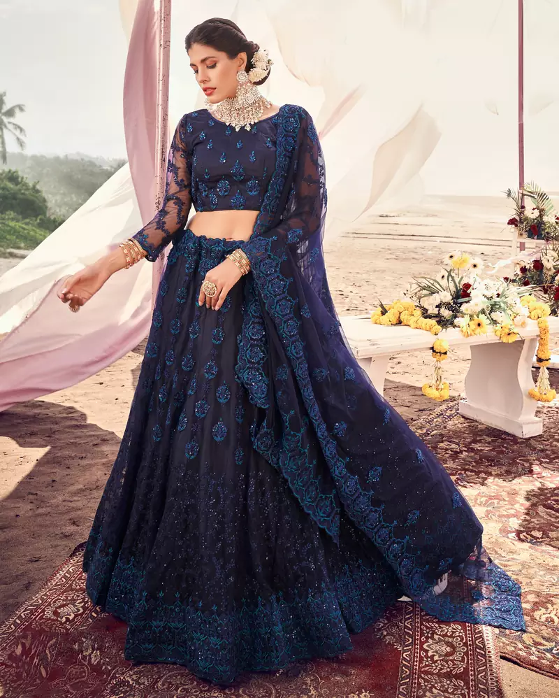 cute Blackcurrant Blue Thread, Zari, and Sequins Embroidered with Stone work net semi stitched lehenga