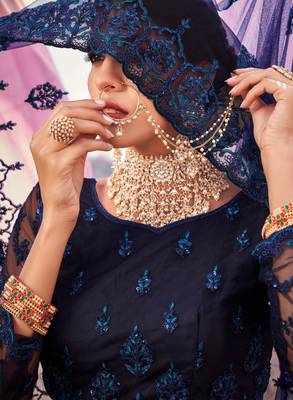 cute Blackcurrant Blue Thread, Zari, and Sequins Embroidered with Stone work net Semi Stitched Lehenga 2