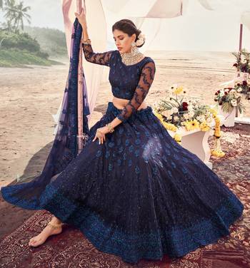 cute Blackcurrant Blue Thread, Zari, and Sequins Embroidered with Stone work net Semi Stitched Lehenga 3