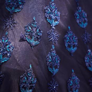 cute Blackcurrant Blue Thread, Zari, and Sequins Embroidered with Stone work net Semi Stitched Lehenga 4