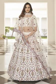 White thread and sequins embroidered silk semi stitched lehenga