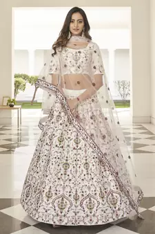 White thread and sequins embroidered silk semi stitched lehenga