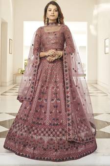 Rust orange thread and Sequins embroidered silk semi stitched lehenga