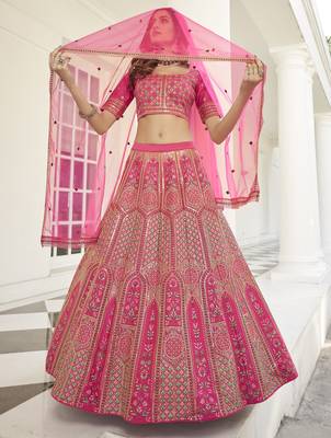 Hypnotizing Deep pink thread and Sequins embroidered silk semi stitched lehenga 1