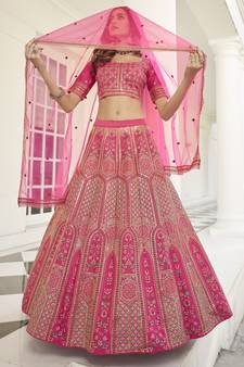 Deep pink thread and Sequins embroidered silk semi stitched lehenga