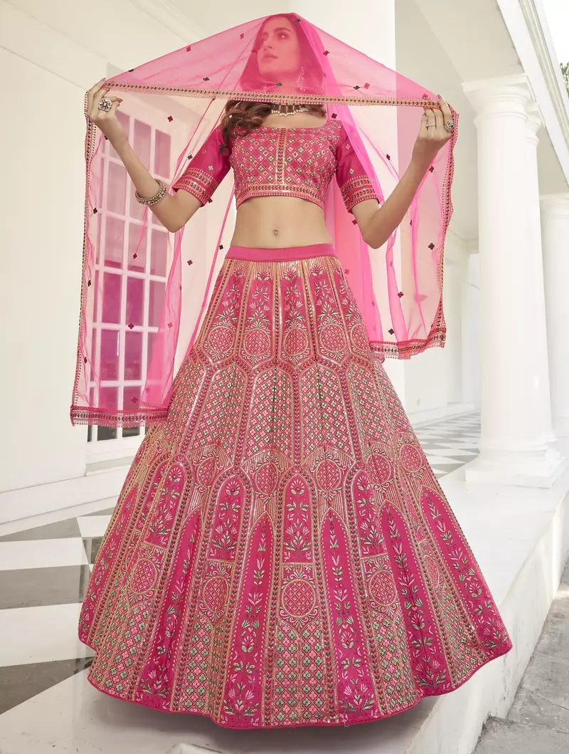 Deep pink thread and Sequins embroidered silk semi stitched lehenga