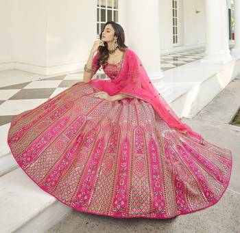 Hypnotizing Deep pink thread and Sequins embroidered silk semi stitched lehenga 3