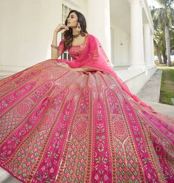 Hypnotizing Deep pink thread and Sequins embroidered silk semi stitched lehenga 4
