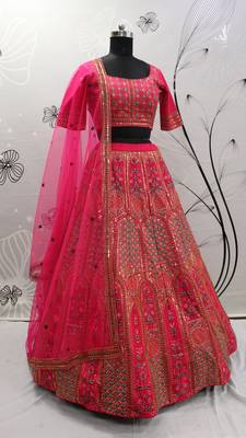 Hypnotizing Deep pink thread and Sequins embroidered silk semi stitched lehenga 5