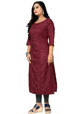 Maroon color embroidery work cottan slub exclusive kurti. 4