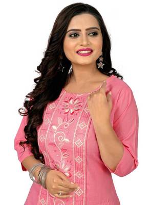 Light pink color embroidery work cottan slub exclusive kurti. 3