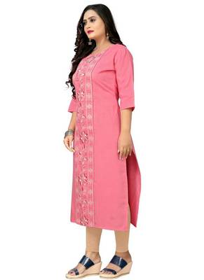 Light pink color embroidery work cottan slub exclusive kurti. 4