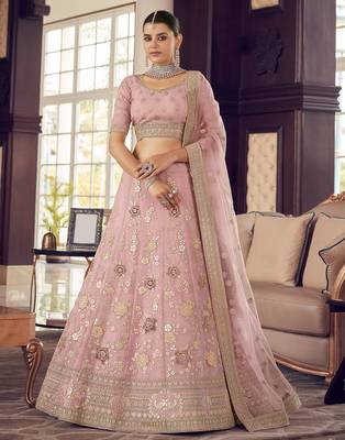 Oyster Pink Peach zarkan, zari, gota and thread embroidered organza semi stitched lehenga 1