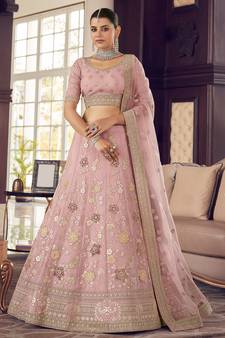 Oyster Pink Peach zarkan, zari, gota and thread embroidered organza semi stitched lehenga