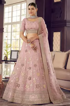 Oyster Pink Peach zarkan, zari, gota and thread embroidered organza semi stitched lehenga