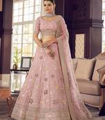 Oyster Pink Peach zarkan, zari, gota and thread embroidered organza semi stitched lehenga