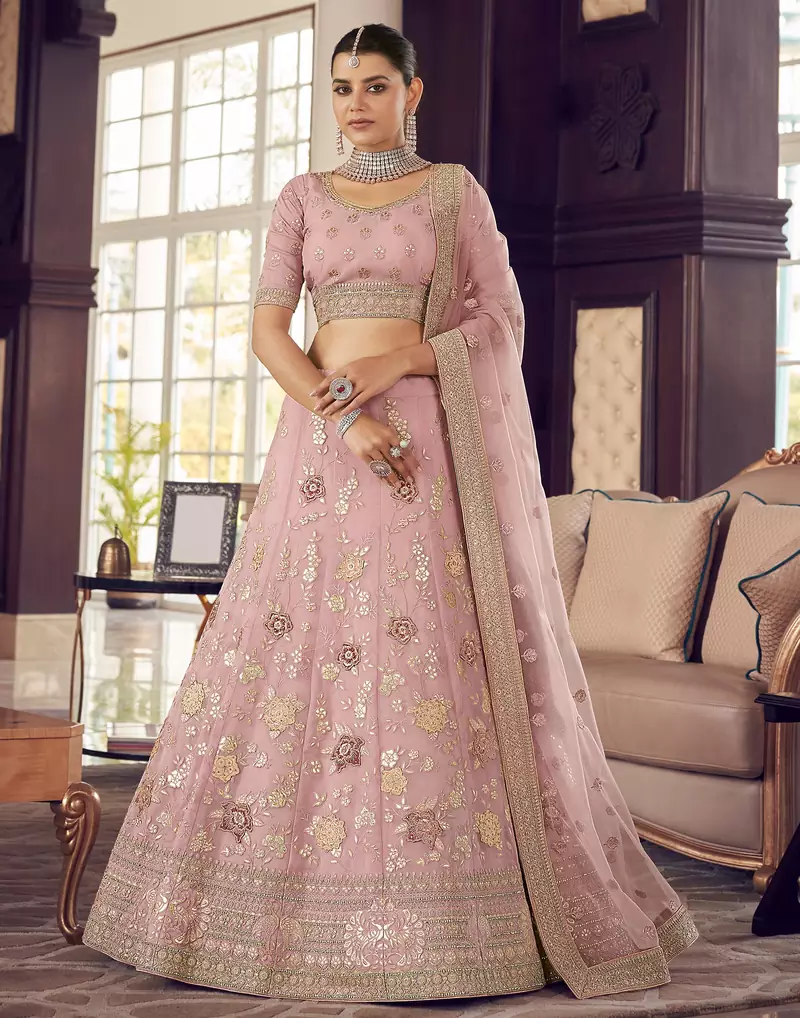 Oyster Pink Peach zarkan, zari, gota and thread embroidered organza semi stitched lehenga