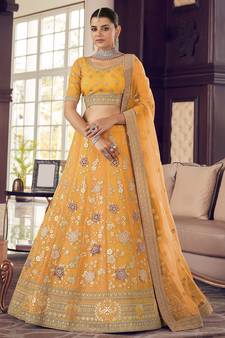 Sea Buck thorn Yellow thread embroidery organza semi stitched lehenga