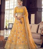 Sea Buck thorn Yellow thread embroidery organza Semi Stitched Lehenga