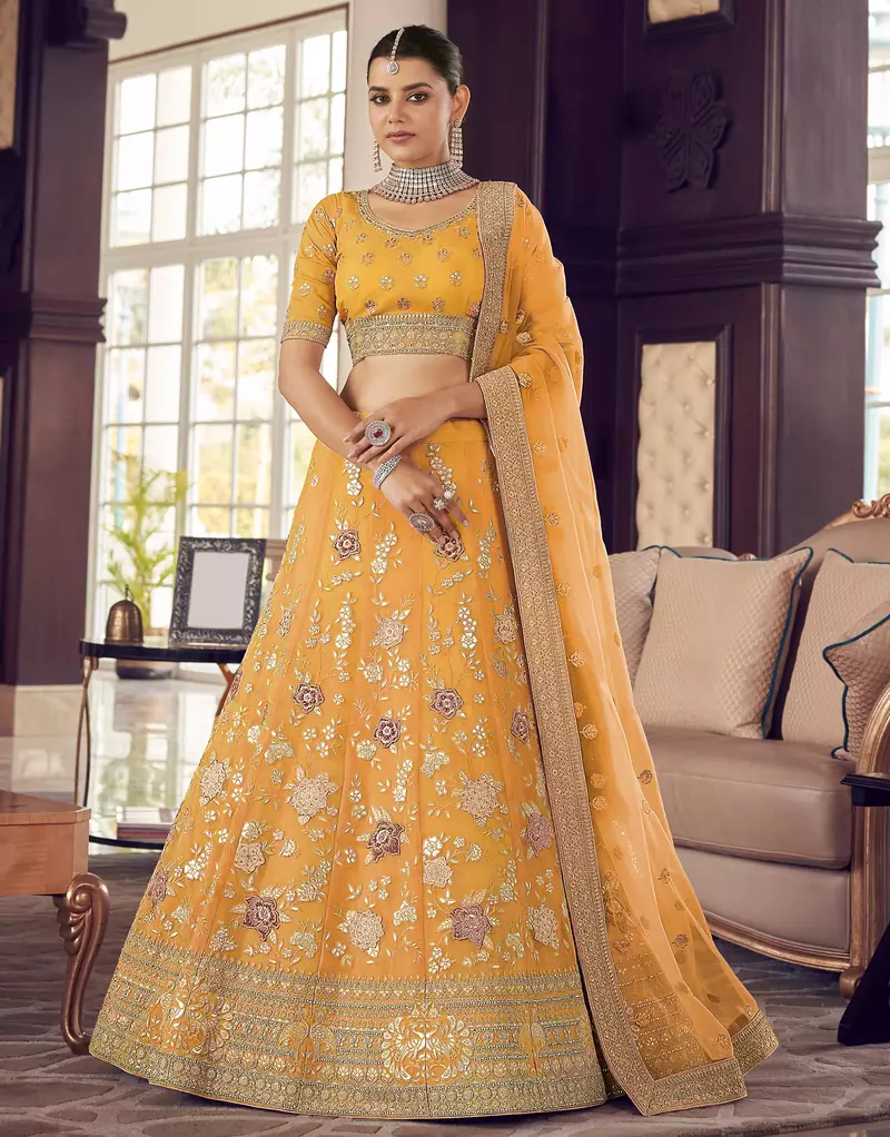 Sea Buck thorn Yellow thread embroidery organza semi stitched lehenga