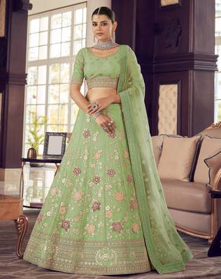 Olivine Pista green zarkan, zari, gota and thread embroidered organza Semi Stitched Lehenga 1