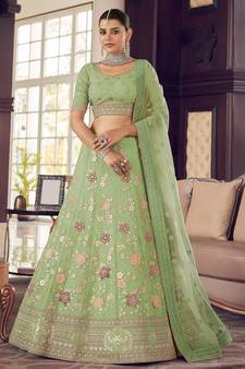 Olivine Pista green zarkan, zari, gota and thread embroidered organza semi stitched lehenga