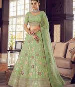 Olivine Pista green zarkan, zari, gota and thread embroidered organza Semi Stitched Lehenga