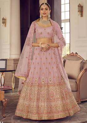 Quicksand Peach Zarkan, gota and thread embroidered organza Semi Stitched Lehenga 1