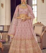 Quicksand Peach Zarkan, gota and thread embroidered organza Semi Stitched Lehenga