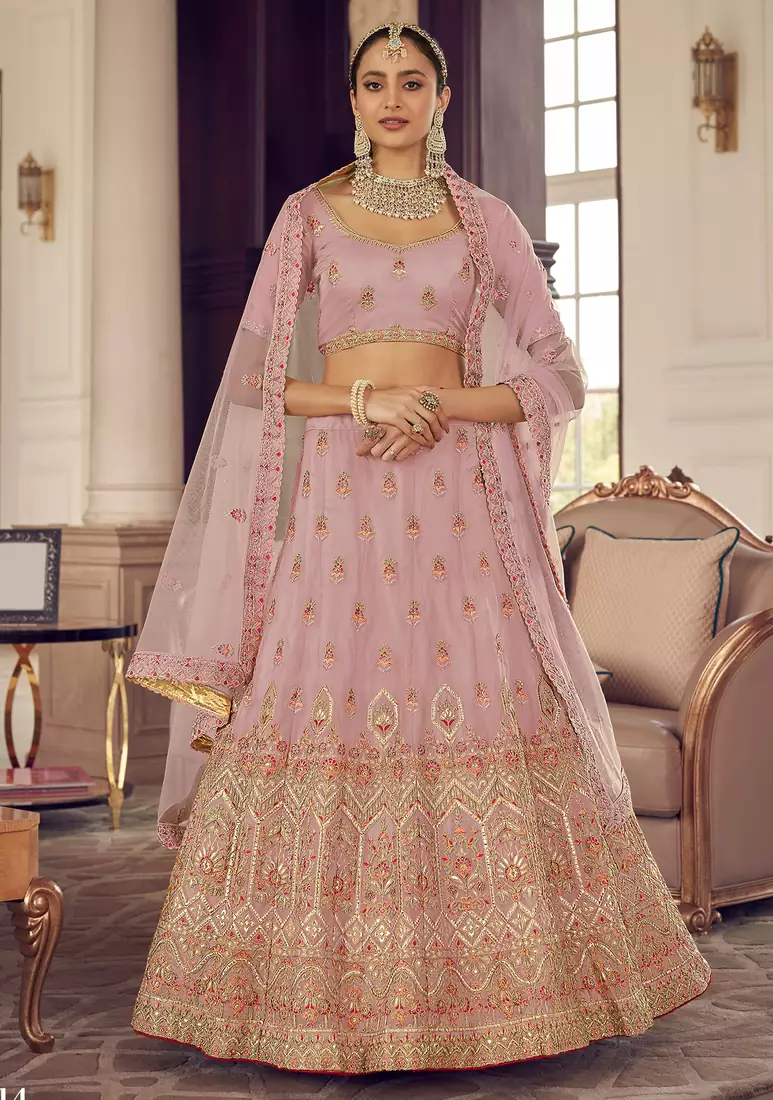 Quicksand Peach Zarkan, gota and thread embroidered organza semi stitched lehenga