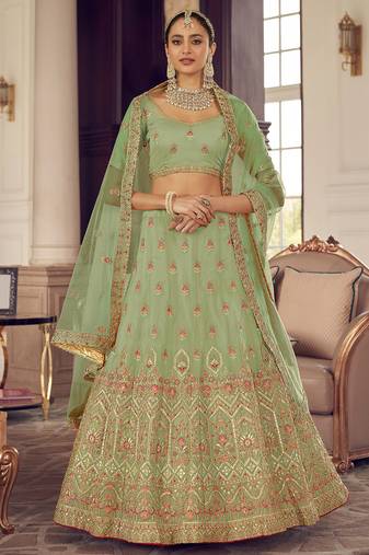 Pista Green Colored Zarkan Gota And Thread Embroidered Organza Lehenga Choli For Bride