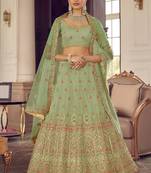 Pista Green Colored Zarkan Gota And Thread Embroidered Organza Lehenga Choli For Bride