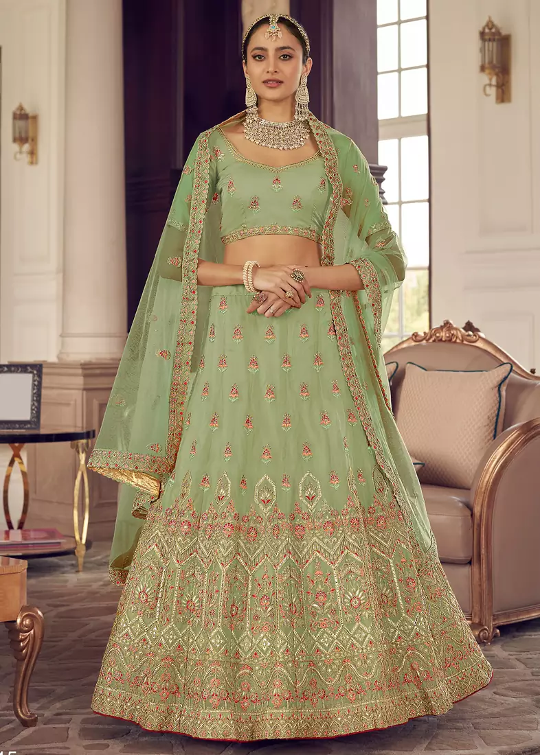 Glamorous Pista Green Colored Zarkan, gota and thread embroidered organza Lehenga choli for bride