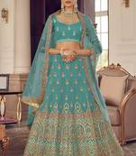 Breaker Bay Turquoise Zarkan, gota and thread embroidered organza Semi Stitched Lehenga