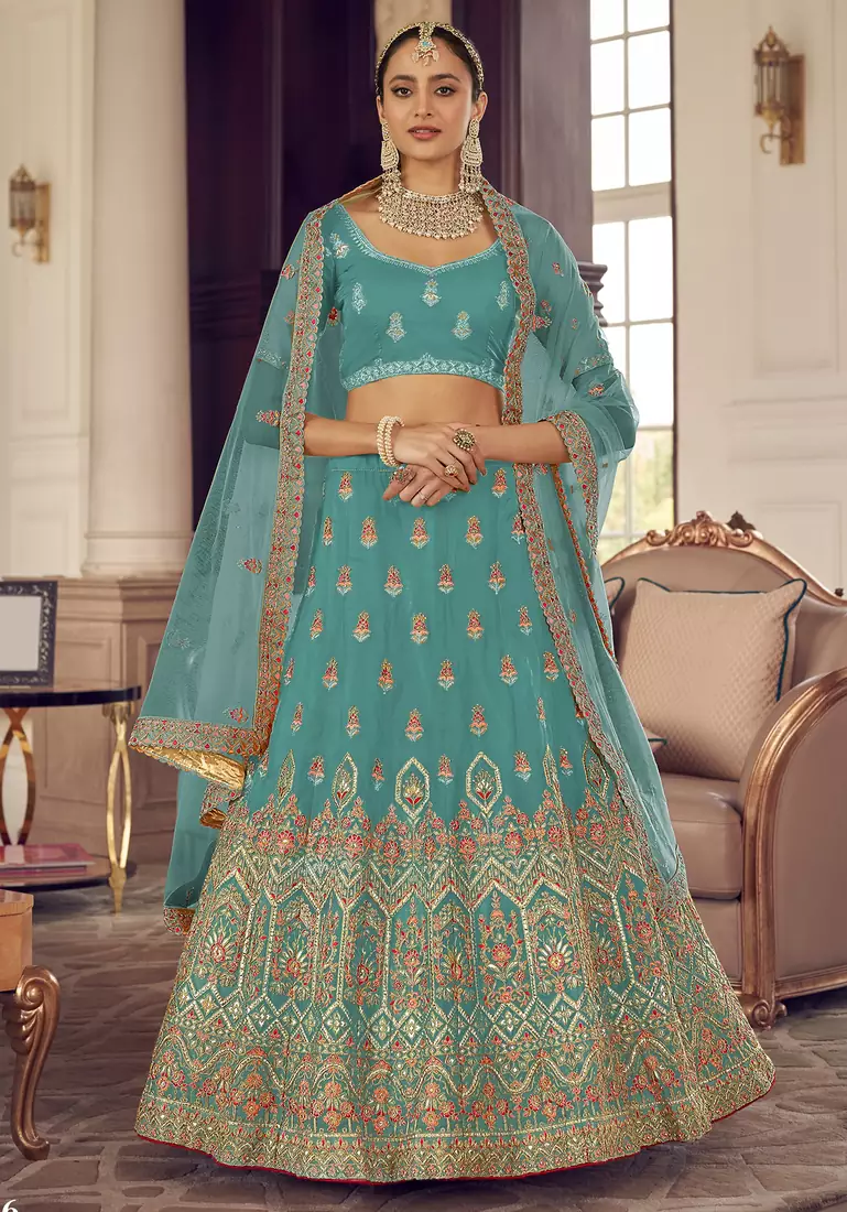 Breaker Bay Turquoise Zarkan, gota and thread embroidered organza semi stitched lehenga