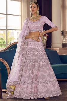 Twilight Pink zarkan, zari and thread embroidered crepe-silk semi stitched lehenga