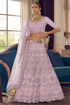 Twilight Pink zarkan, zari and thread embroidered crepe-silk semi stitched lehenga