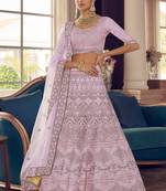 Twilight Pink zarkan, zari and thread embroidered crepe-Silk Semi Stitched Lehenga