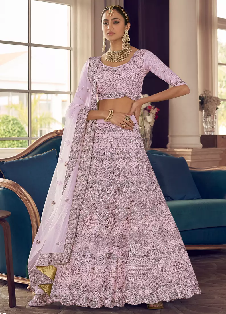 Twilight Pink zarkan, zari and thread embroidered crepe-silk semi stitched lehenga