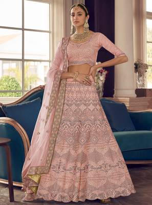 Clam Shell Peach zarkan, zari and thread embroidered crepe-Silk Semi Stitched Lehenga 1