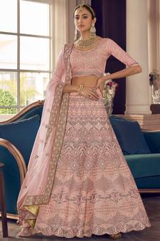 Clam Shell Peach zarkan, zari and thread embroidered crepe-silk semi stitched lehenga