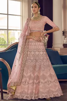 Clam Shell Peach zarkan, zari and thread embroidered crepe-silk semi stitched lehenga