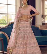Clam Shell Peach zarkan, zari and thread embroidered crepe-Silk Semi Stitched Lehenga