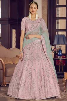Pink zarkan, sequins and thread embroidered crepe-silk semi stitched lehenga