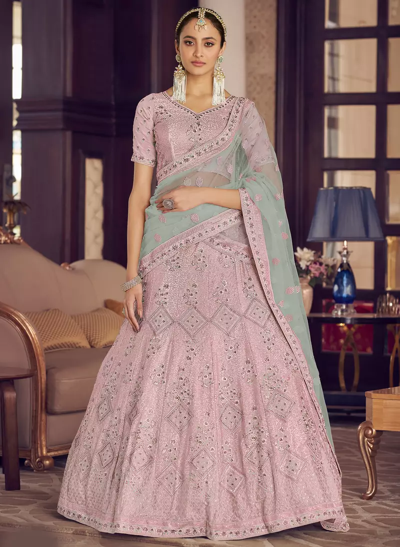 Pink zarkan, sequins and thread embroidered crepe-silk semi stitched lehenga