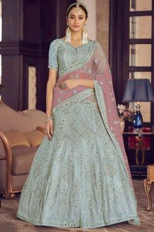 Turquoise zarkan, sequins and thread embroidered crepe-silk semi stitched lehenga