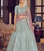 Turquoise zarkan, sequins and thread embroidered crepe-Silk Semi Stitched Lehenga