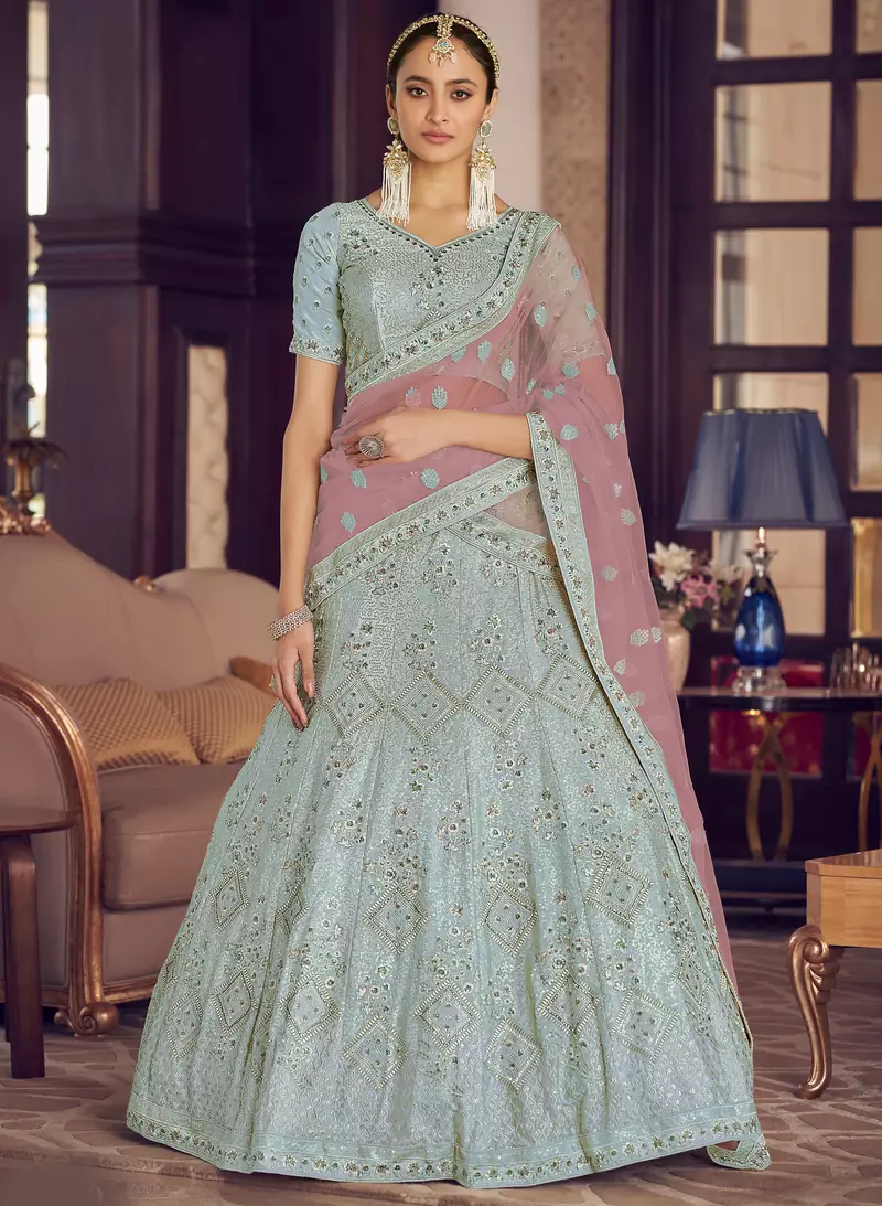 Turquoise zarkan, sequins and thread embroidered crepe-silk semi stitched lehenga