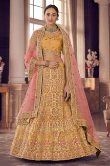 Yellow zarkan, gota and thread embroidered organza semi stitched lehenga
