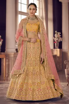 Yellow zarkan, gota and thread embroidered organza semi stitched lehenga